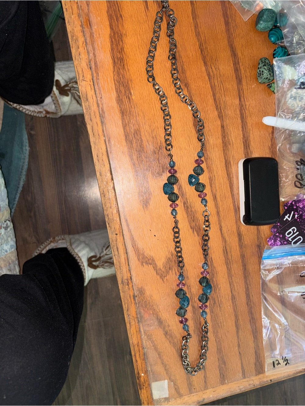 Vintage-Inspired Teal and Purple Beaded Chain Necklace 17 3/4